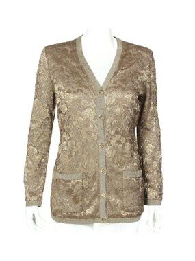 SALVATORE FERRAGAMO Metallic Gold Lace Cardigan Button Sweater Womens sz S /403